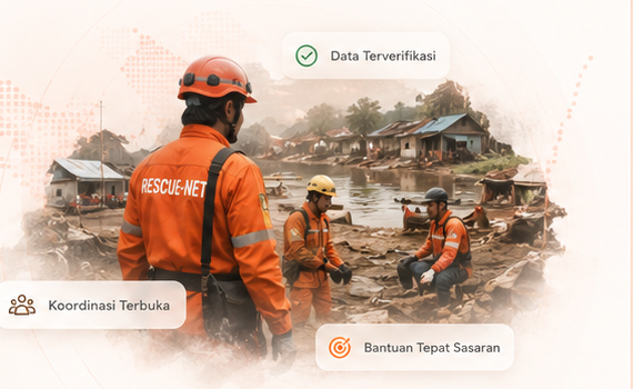 Tim Rescue-Net melakukan respons di area banjir. Data Terverifikasi, Koordinasi Terbuka, Bantuan Tepat Sasaran.